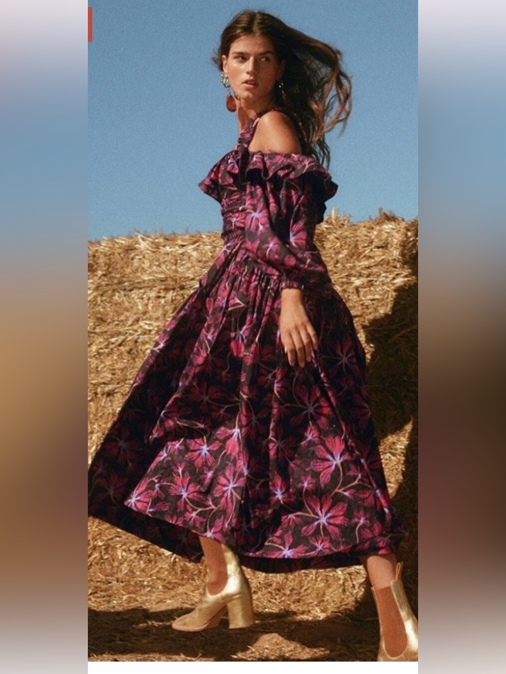 Ulla Johnson Off-Shoulder Floral Midi Dress in Deep Plum NWOT